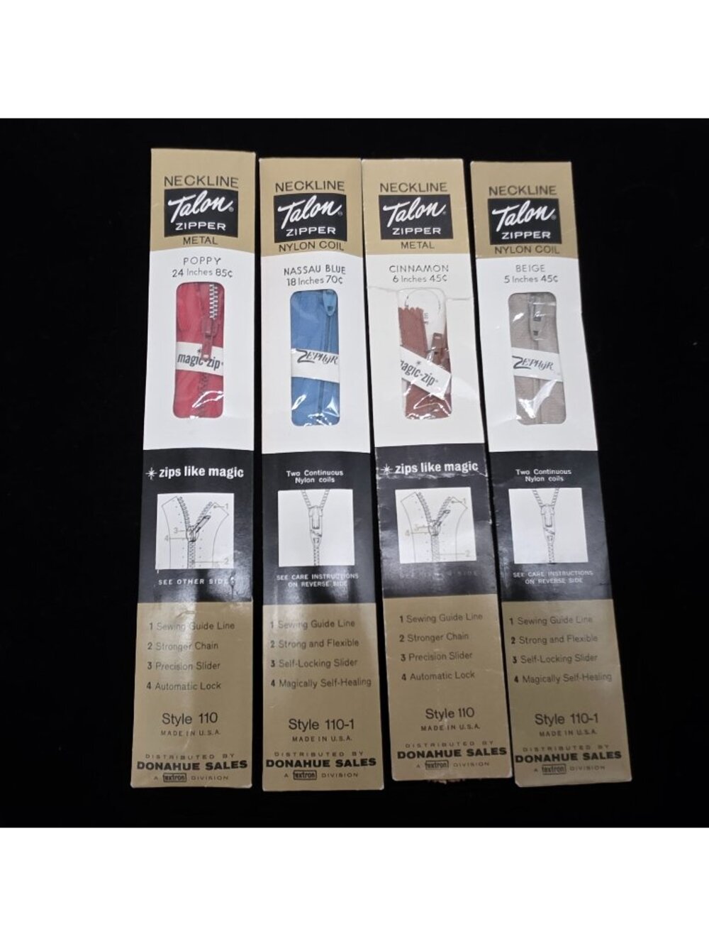 Neckline Talon Metal Nylon Coil Zippers Assorted Colors & Sizes NIB 1960s